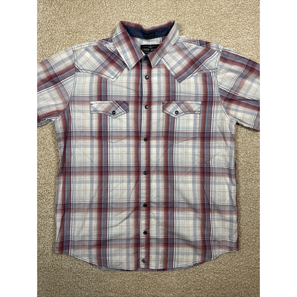 Cody James Shirt Mens L Red White Blue Plaid Western Pearl Snap L/S